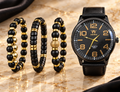Black Dial Watch and Brown Bead Bracelet Set