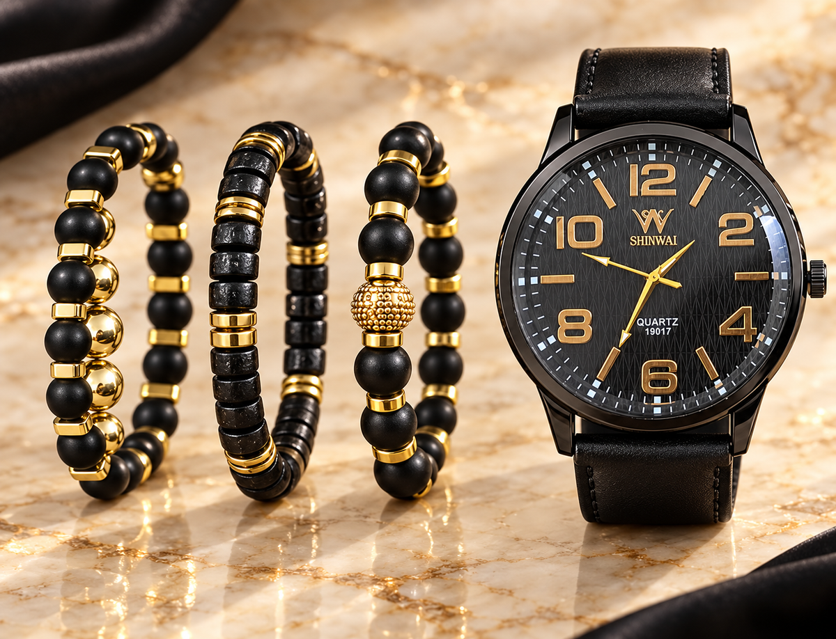 Black Dial Watch and Brown Bead Bracelet Set
