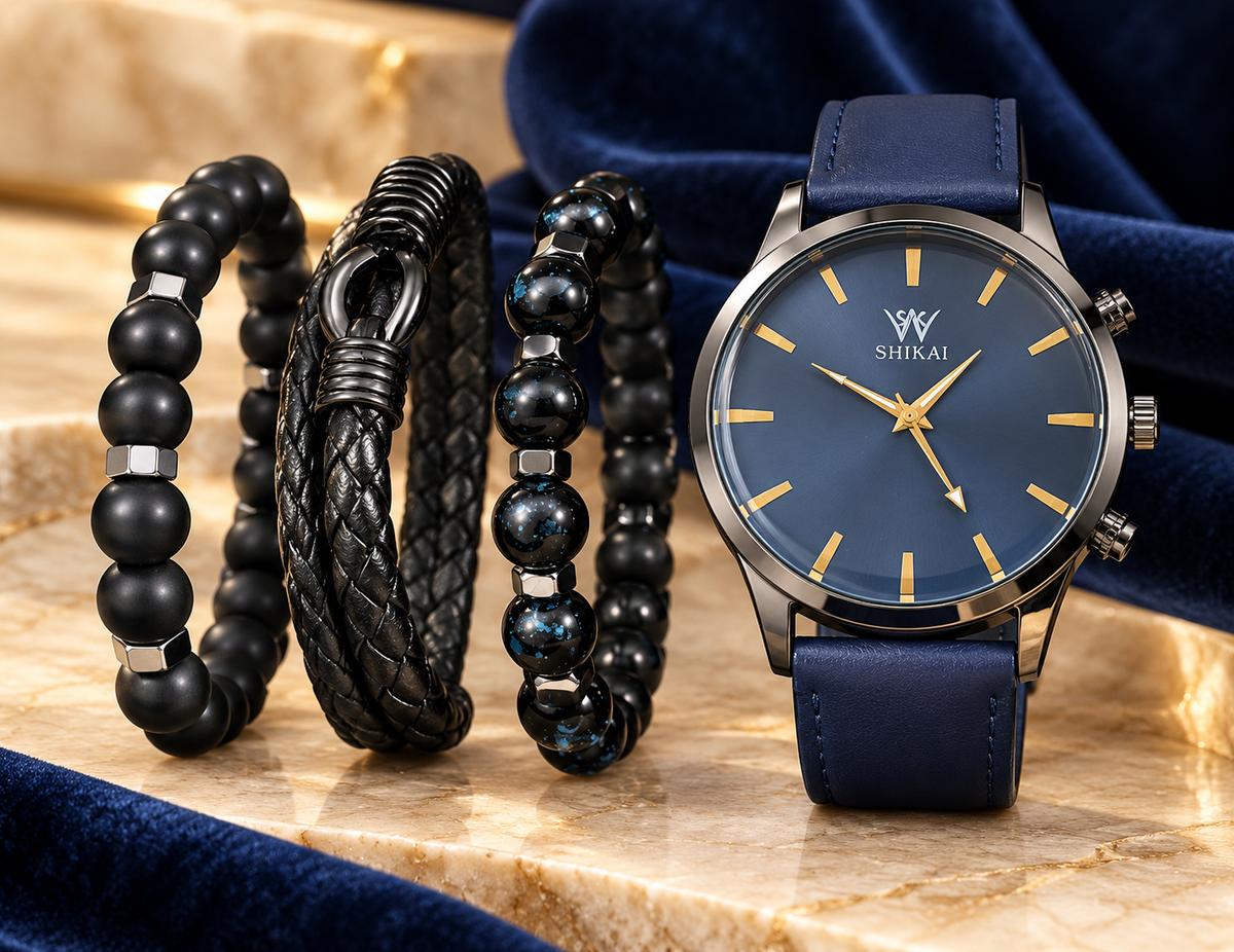 Blue Dial Watch with Beaded Bracelet Set