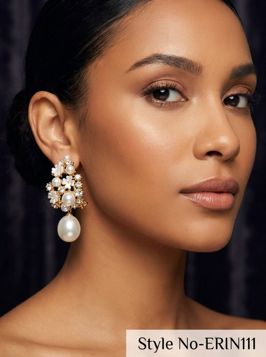 Gold and White Floral Pearl Drop Earrings | ERIN111