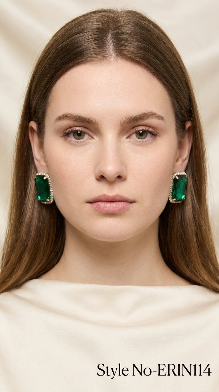 Green Rectangular Crystal Stud Earrings | ERIN114