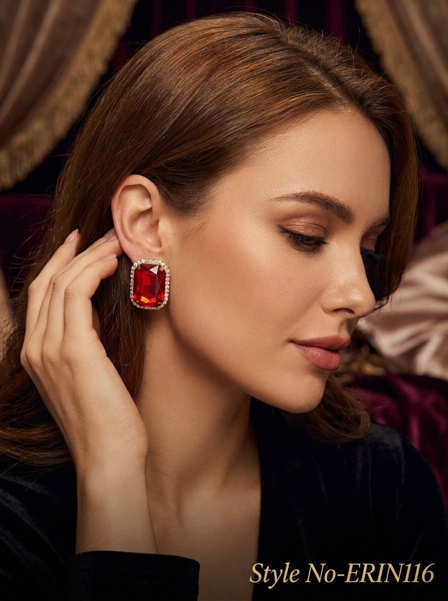 Red Square Crystal Stud Earrings | ERIN116