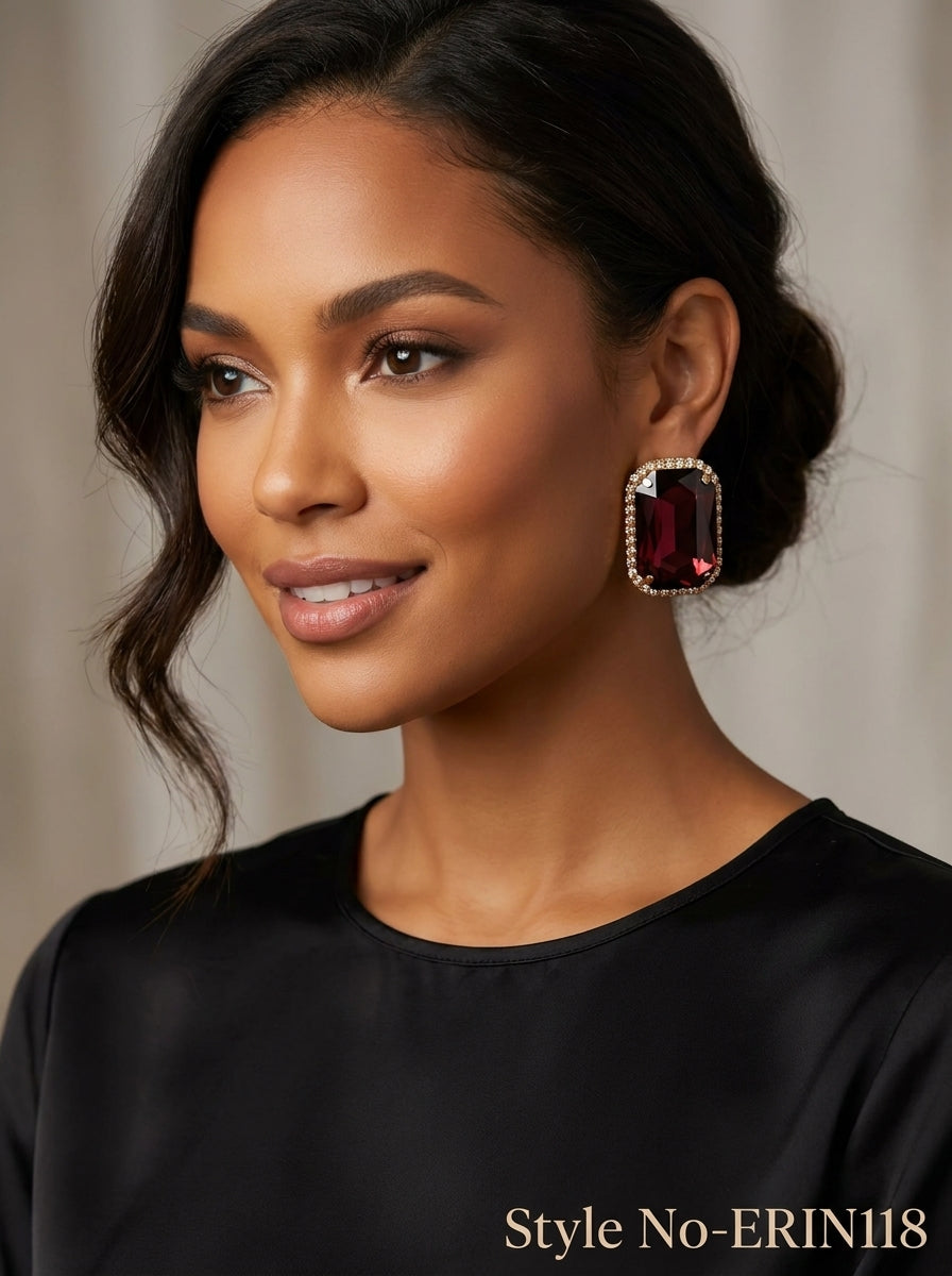 Maroon Square Crystal Stud Earrings | ERIN118