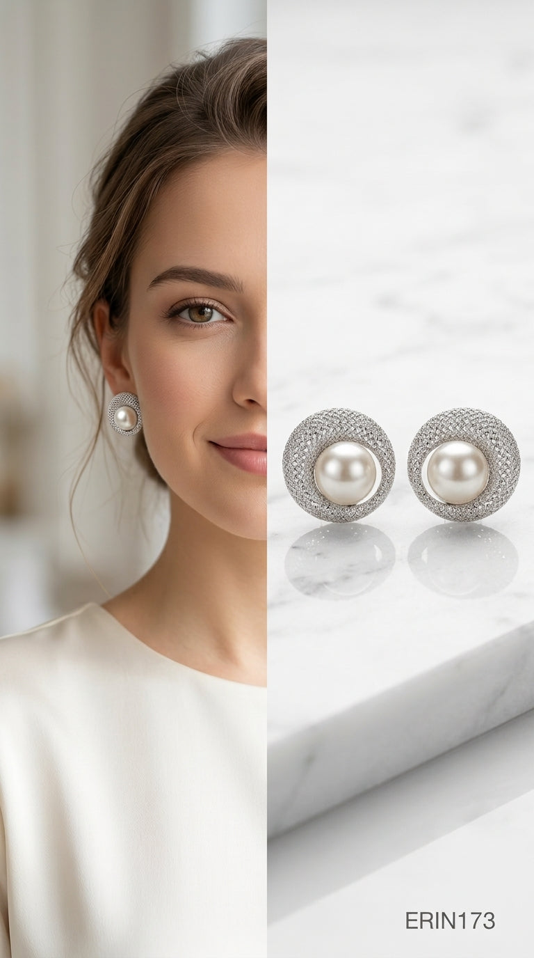 Silver Pearl Button Stud Earrings | ERIN173