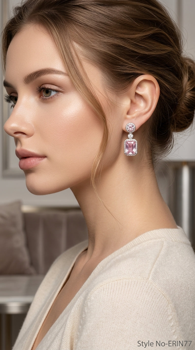 Silver and Pink Square Drop Earrings | ERIN77