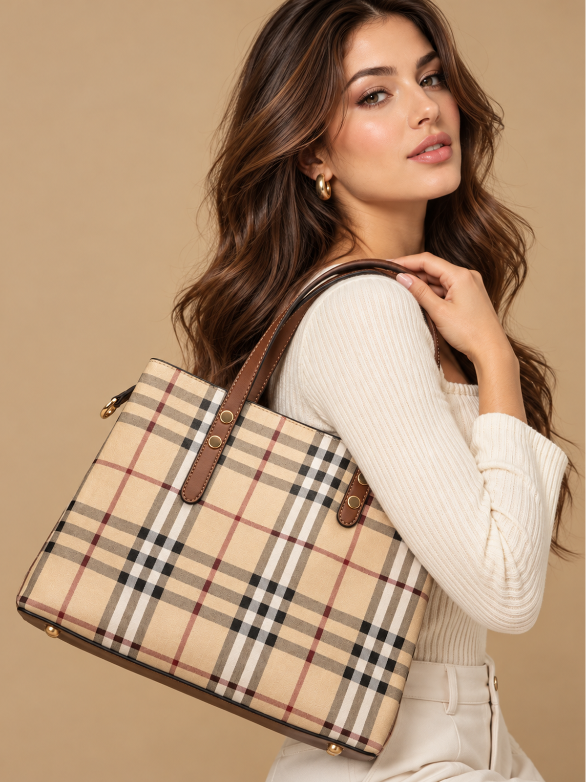 Beige Plaid Top-Handle Bag | BAGWZ030