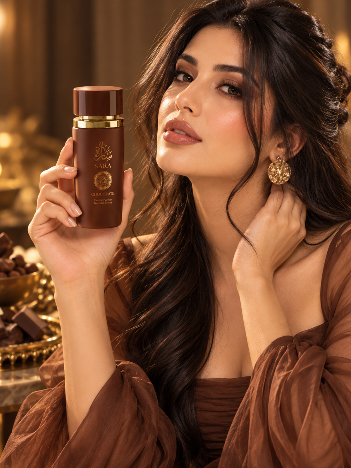 Eau De Parfum Spray, Matte Mocha Brown Bottle with Gold Accents and Coordinated Cap
