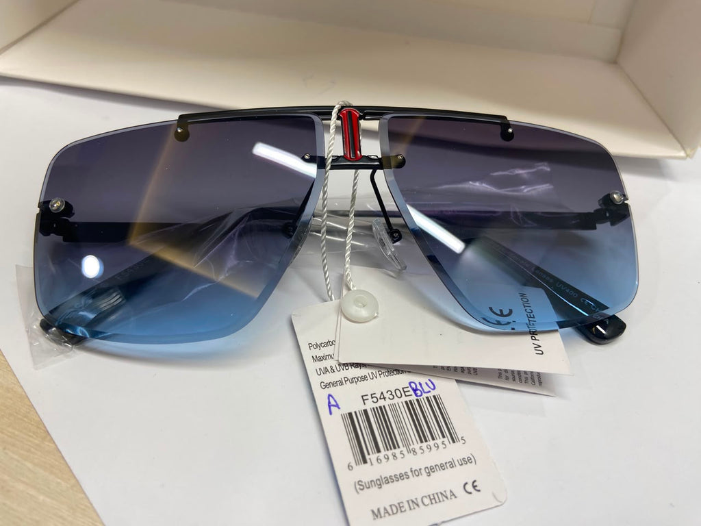 Matte Black and Blue Gradient Oversized Rimless Shield Sunglasses with Red Inset Accent