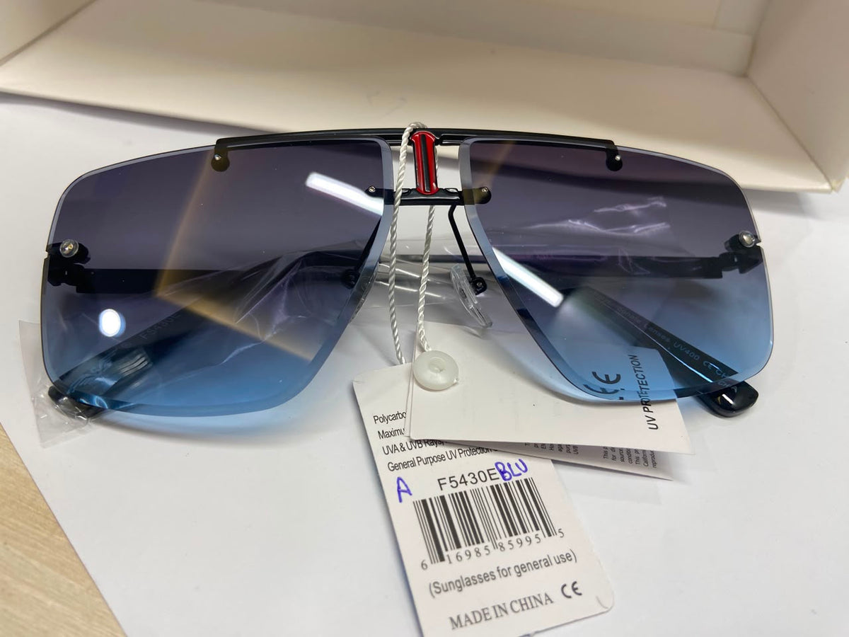 Matte Black and Blue Gradient Oversized Rimless Shield Sunglasses with Red Inset Accent