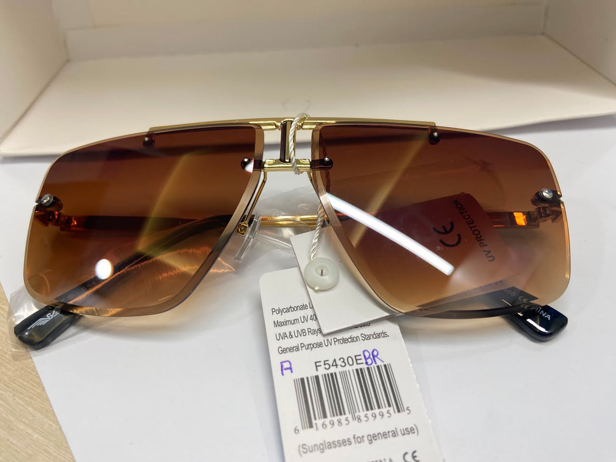 Gold and Brown Gradient Oversized Rimless Shield Sunglasses with Top Bar