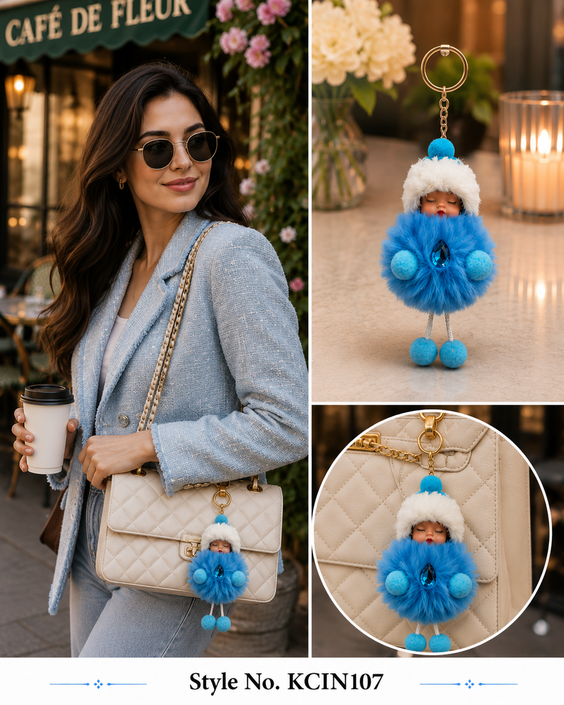 Blue hooded plush baby doll with fluffy coat and pom details Keychain | KCIN107