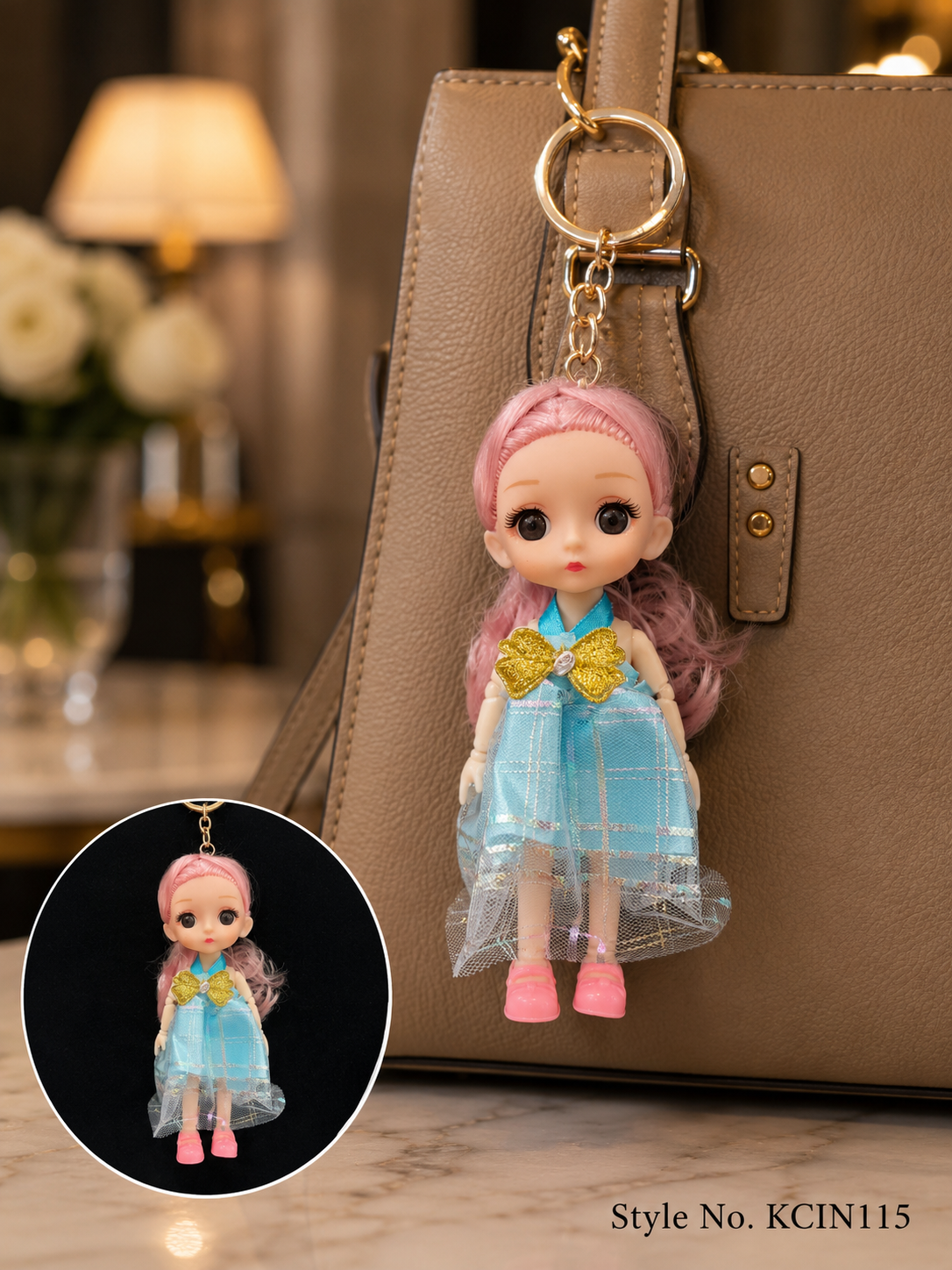 Light blue doll charm in a pastel dress Keychain | KCIN115
