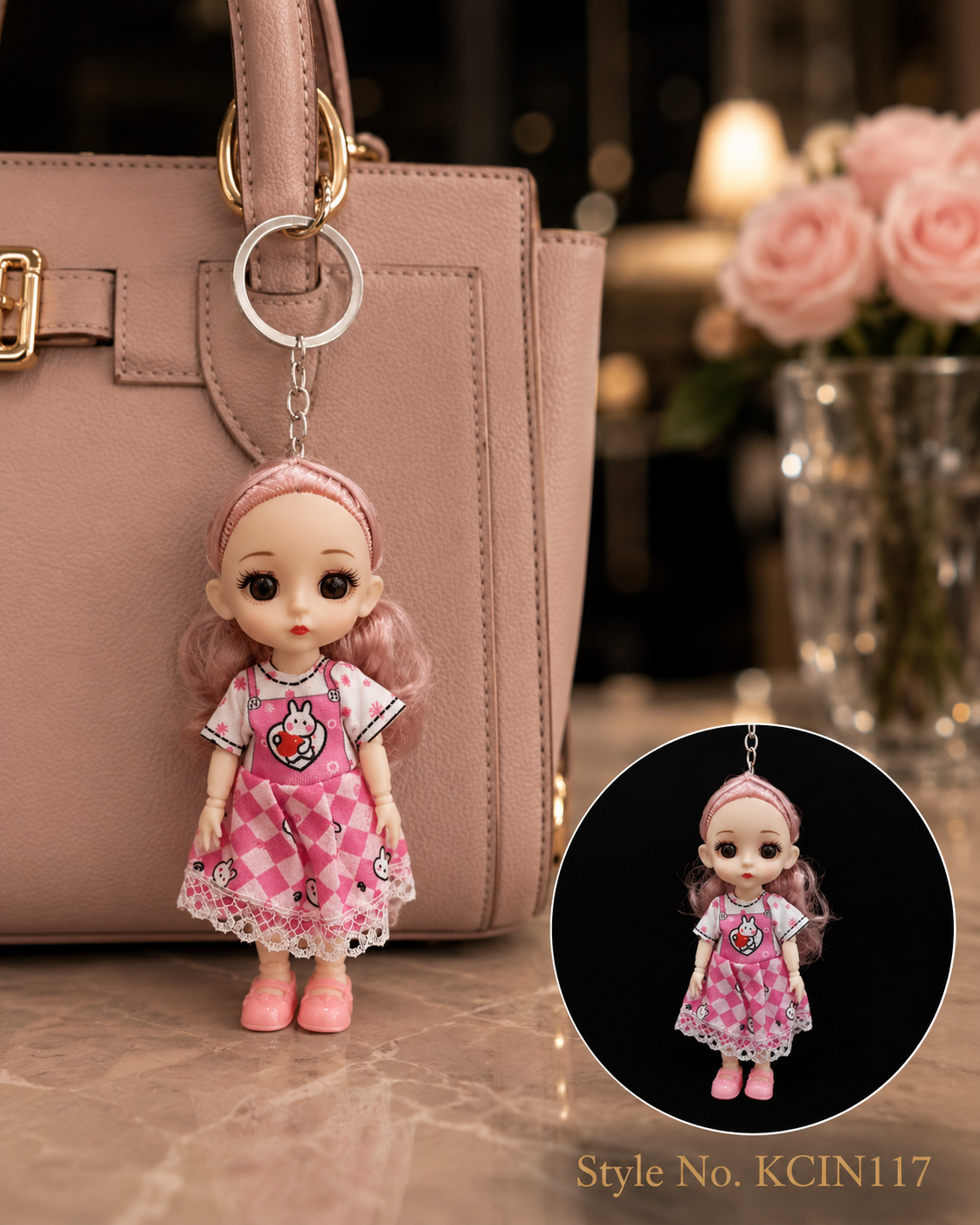 Pink floral dress doll charm Keychain | KCIN117