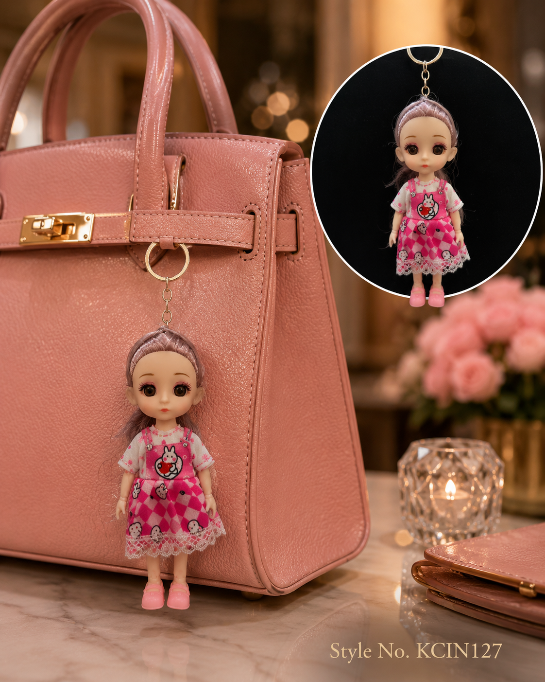 Pink floral dress doll charm Keychain | KCIN127
