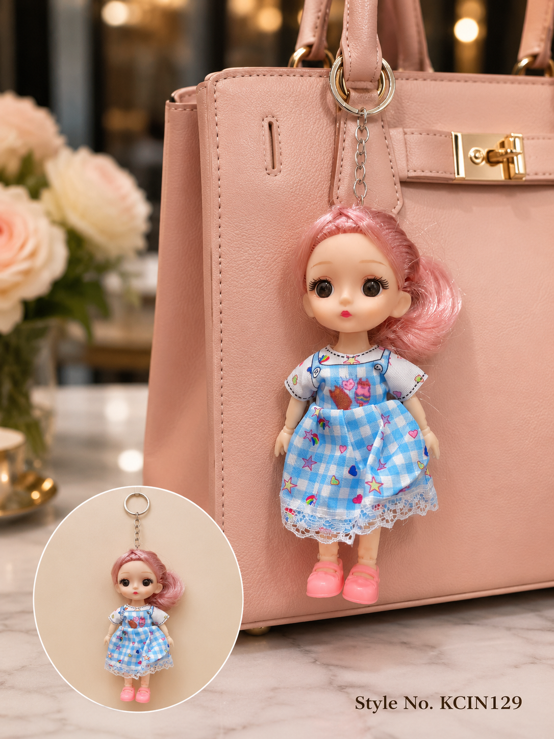 Blue checked dress doll charm Keychain | KCIN129
