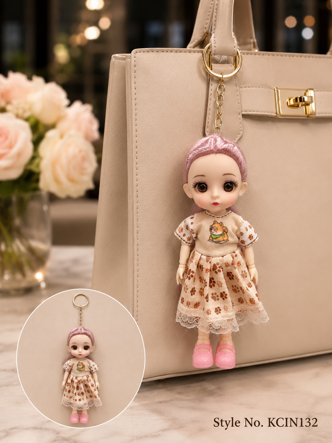 Beige patterned dress doll charm Keychain | KCIN132