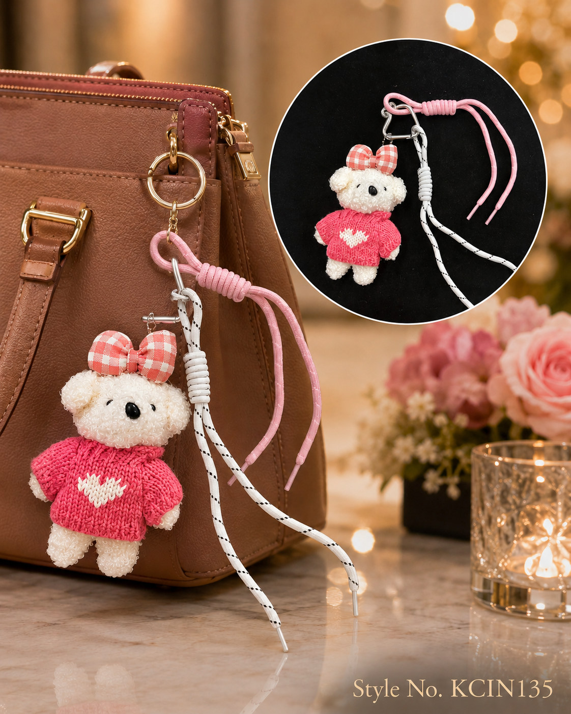 White and pink teddy bear charm with cords Keychain | KCIN135