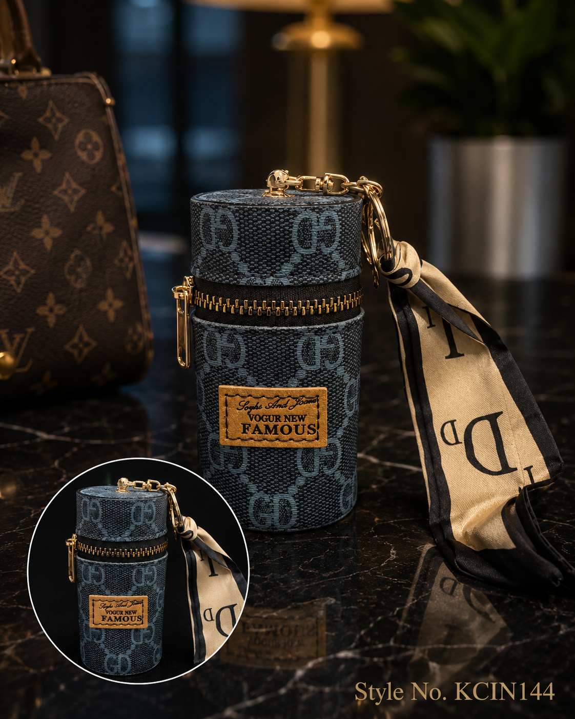 Gray patterned cylindrical mini pouch with scarf tail Keychain | KCIN144