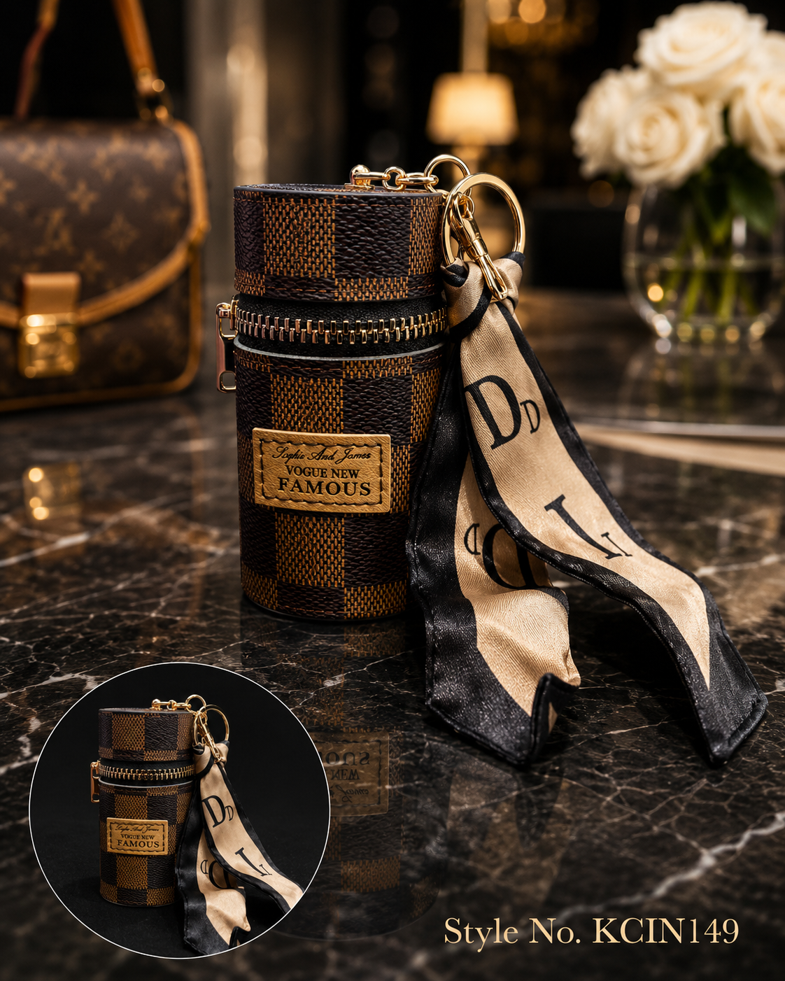 Tan patterned cylindrical mini pouch with scarf tail Keychain | KCIN149