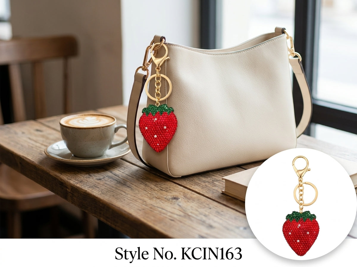 Red rhinestone strawberry charm with green top Keychain | KCIN163