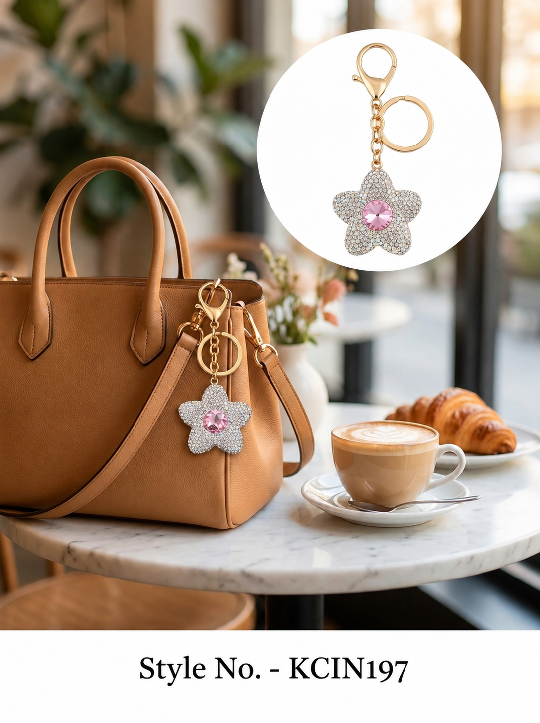 White crystal flower charm with pink center Keychain | KCIN197