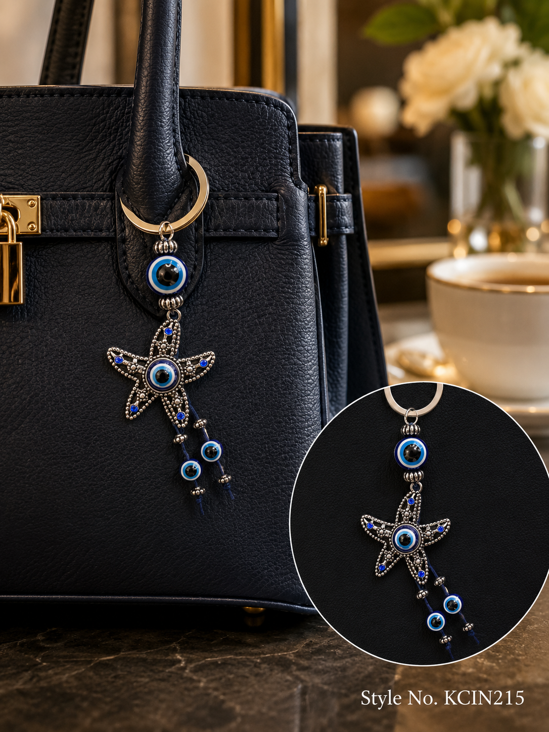 Blue evil eye starfish charm with hanging beads Keychain | KCIN215