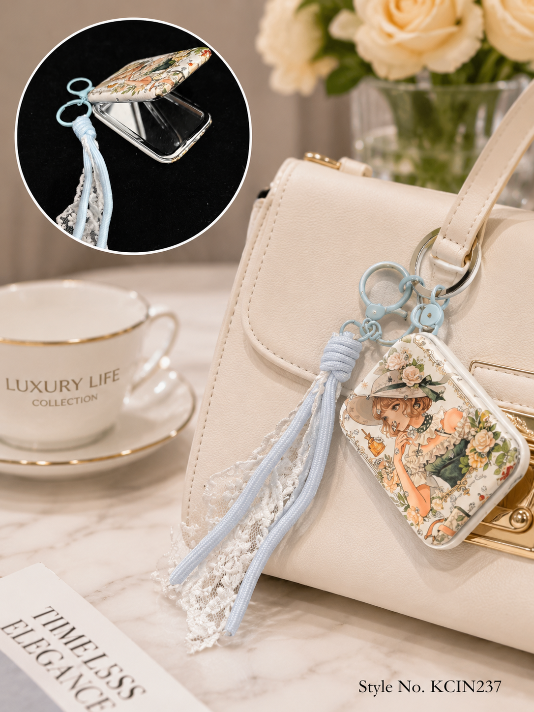 Floral compact mirror with lace and ribbon tassels Keychain | KCIN237