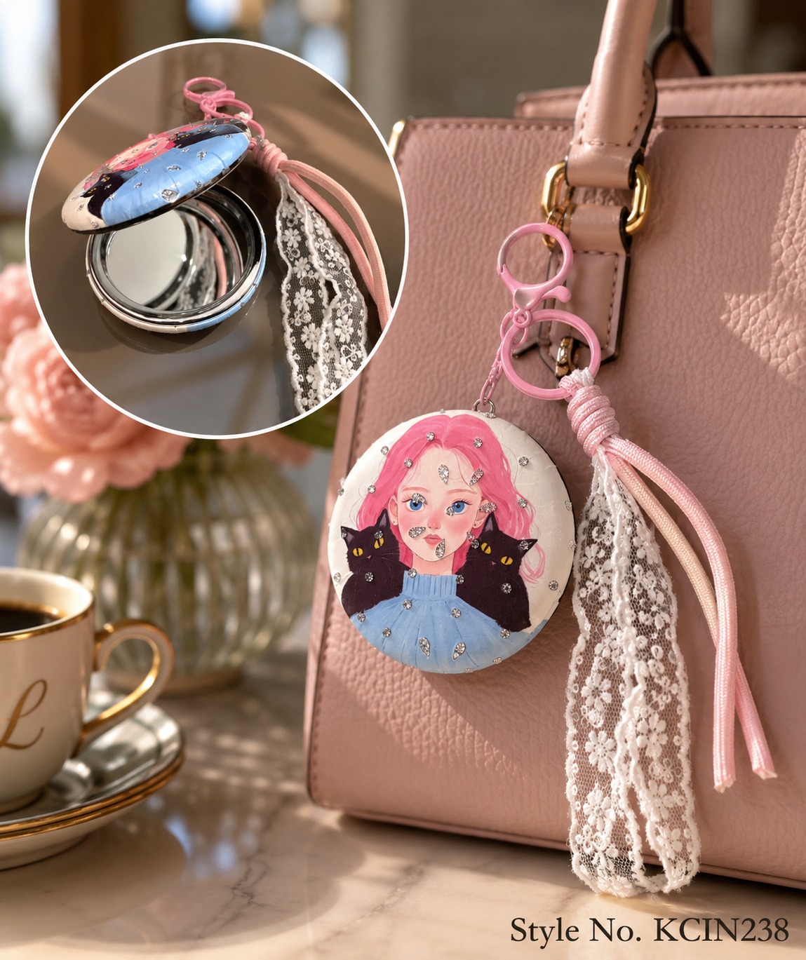 Pink floral compact mirror with lace and ribbon tassels Keychain | KCIN238