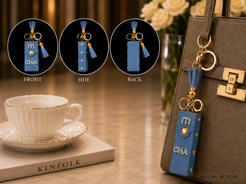 White mini wallet with gold tone studs and tassel Keychain | KCIN240