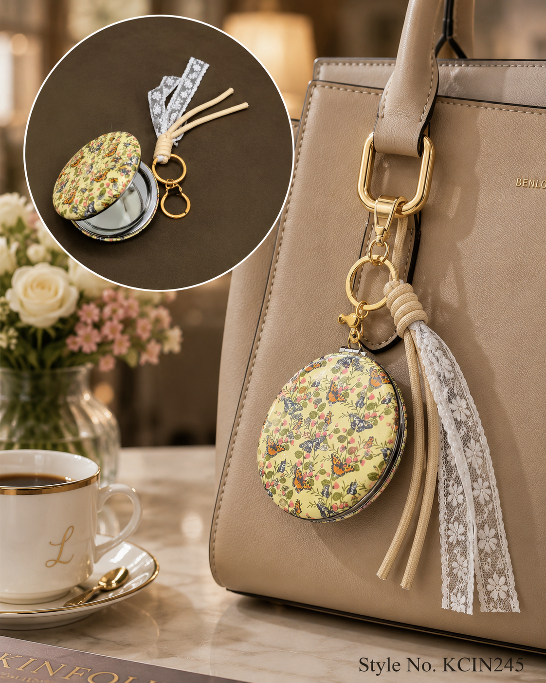 Floral round compact mirror with cream tassel and lace Keychain | KCIN245