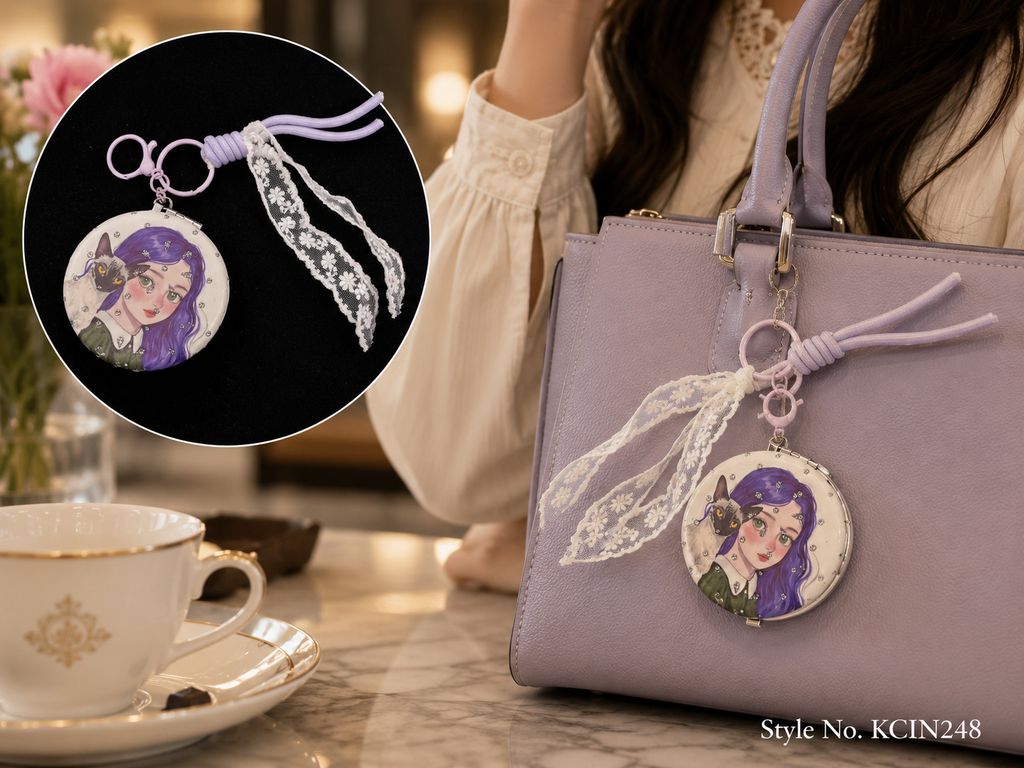 Floral oval compact mirror with ribbon and lace tassels Keychain | KCIN248