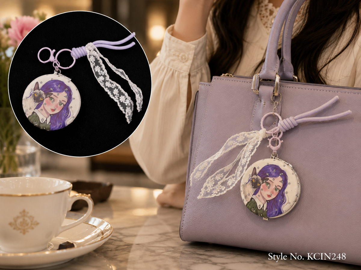 Floral oval compact mirror with ribbon and lace tassels Keychain | KCIN248