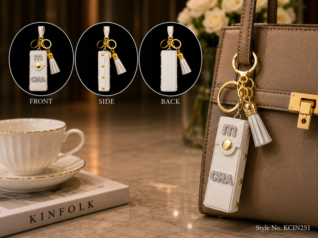 White mini wallet with gold tone studs and tassel Keychain | KCIN251