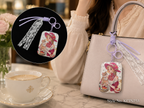 Round blue floral compact mirror with white tassels Keychain | KCIN253