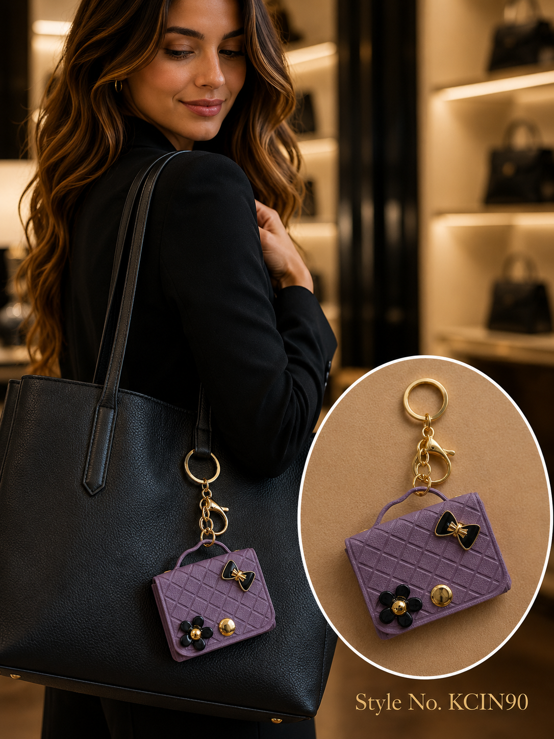 Purple quilted mini purse with floral ornaments Keychain | KCIN90