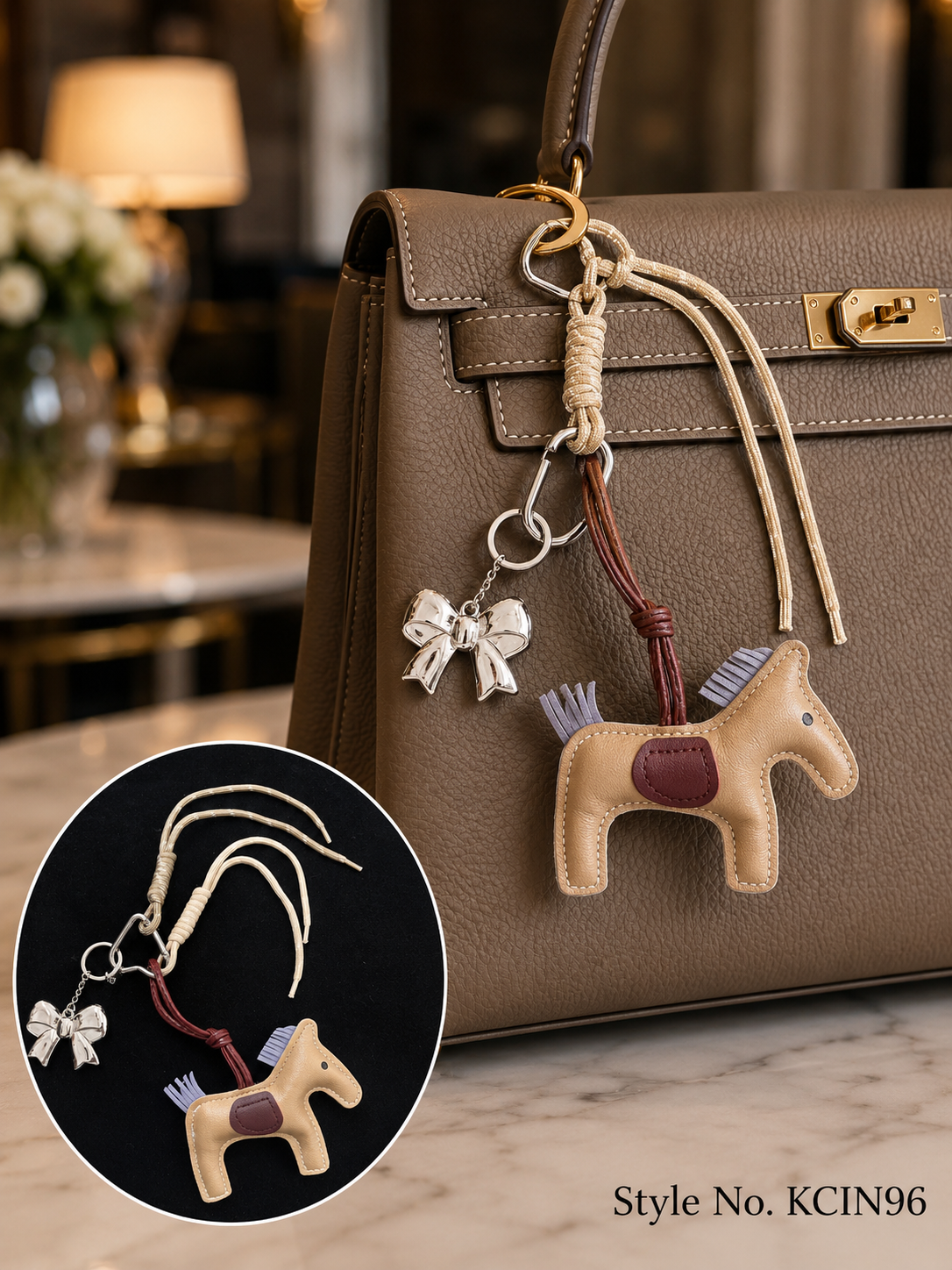 Cream horse figure with braided cords and ribbon Keychain | KCIN96