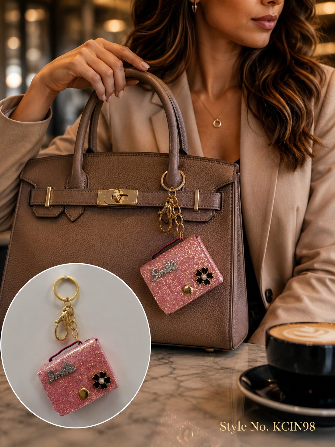 Rose gold glitter mini purse with dark floral ornament Keychain | KCIN98