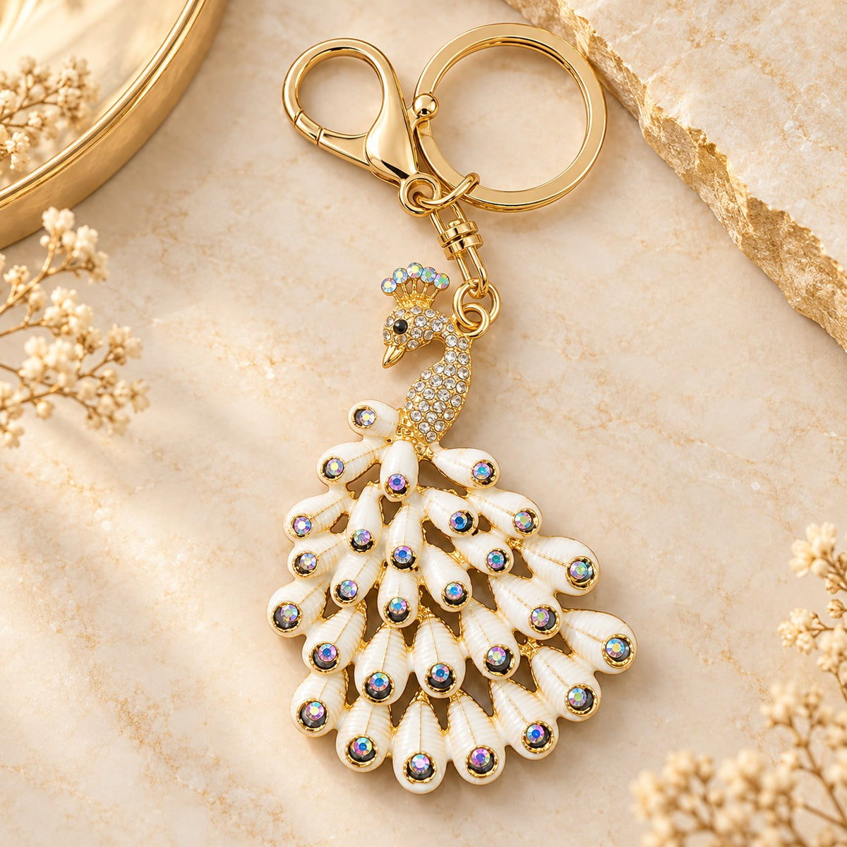 White Peacock Keychain with Dark Eye Feather Details