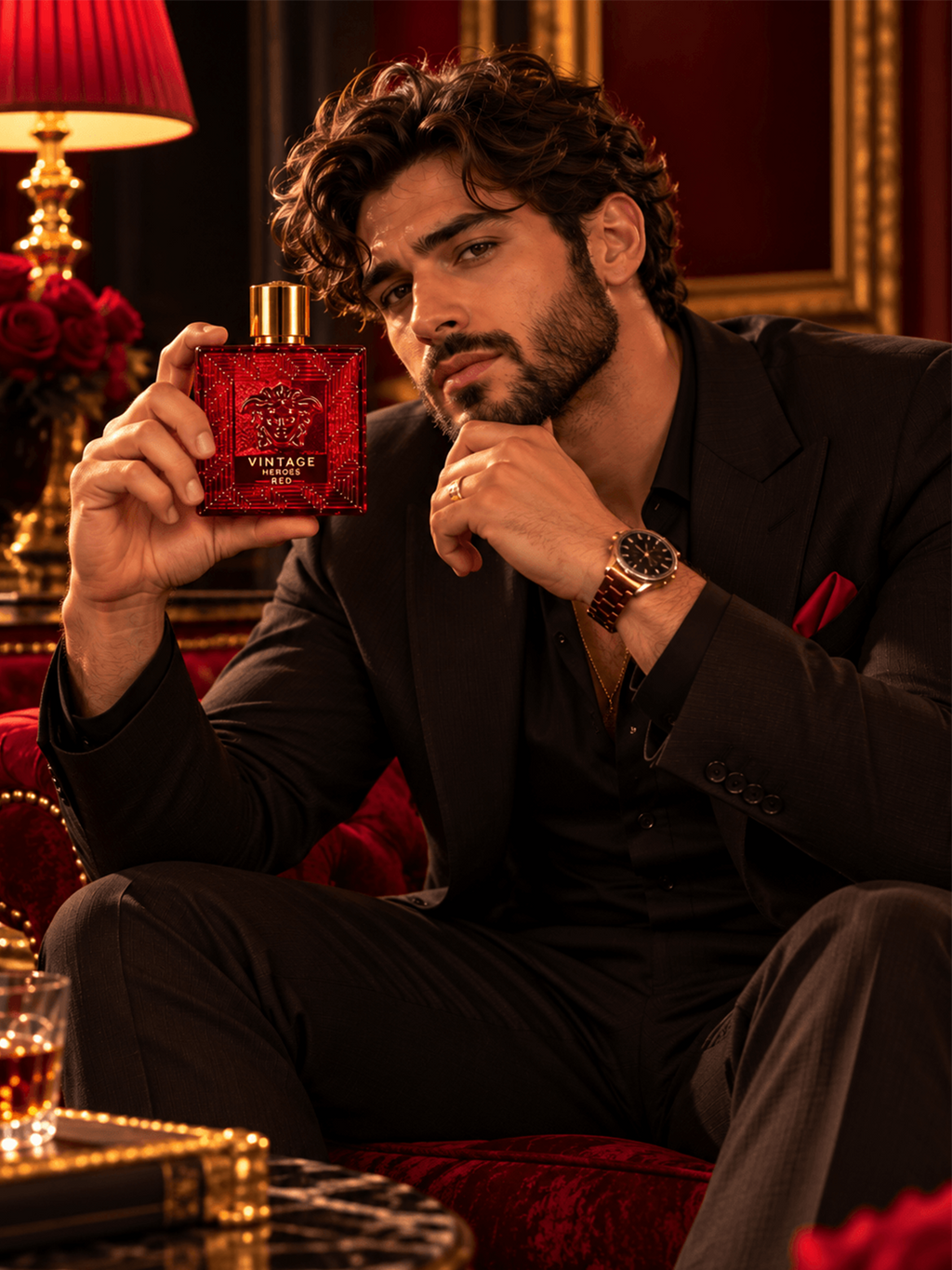 Eau De Parfum Spray, Crimson Red Glass Flacon with Lion Head Relief and Polished Gold Cap