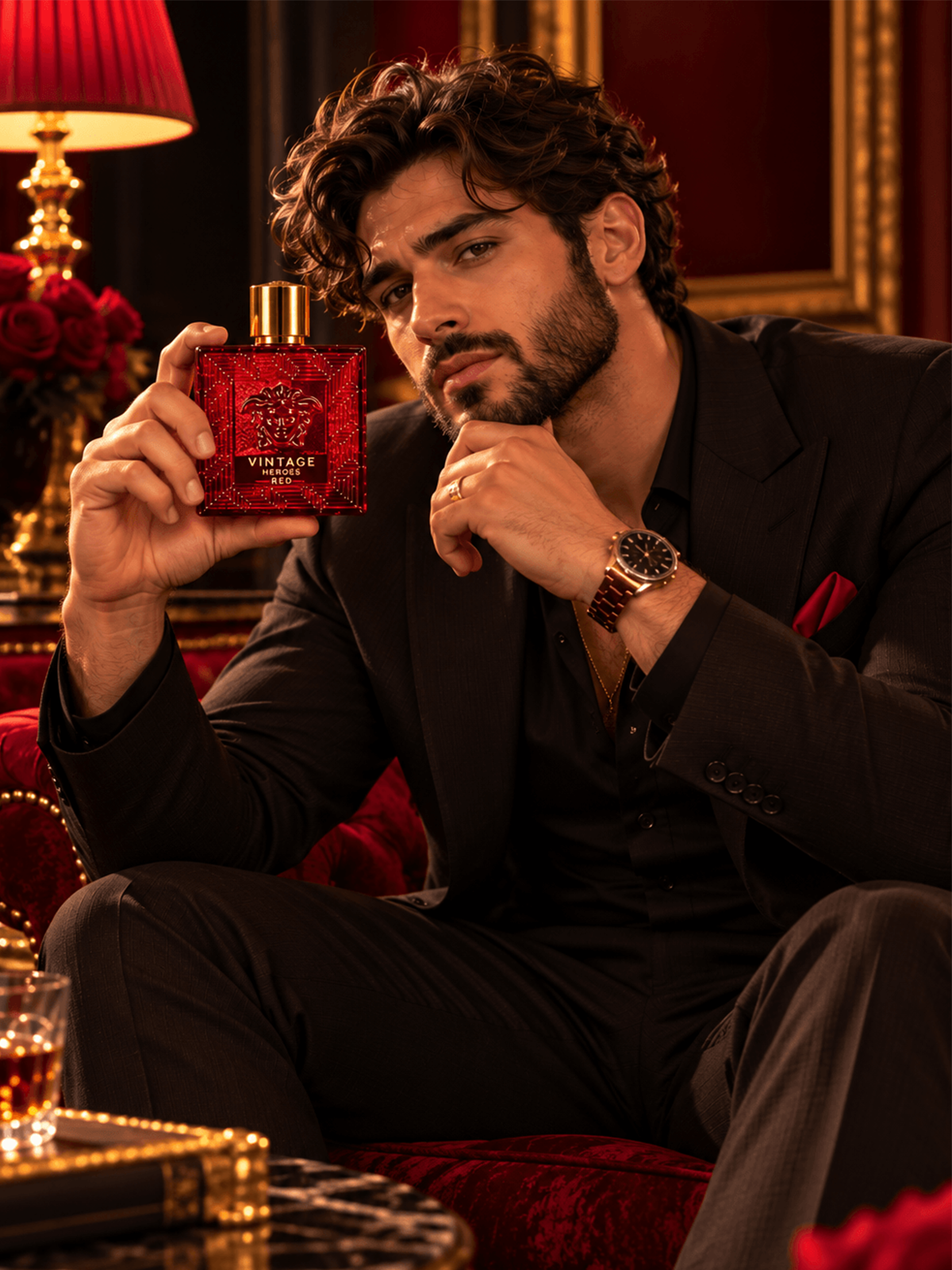 Eau De Parfum Spray, Crimson Red Glass Flacon with Lion Head Relief and Polished Gold Cap