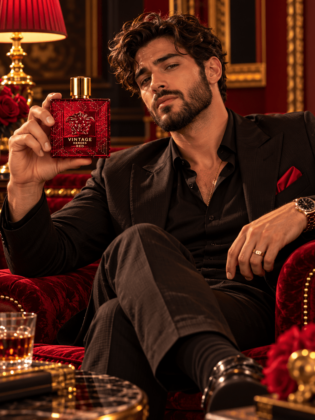 Eau De Parfum Spray, Crimson Red Glass Flacon with Lion Head Relief and Polished Gold Cap