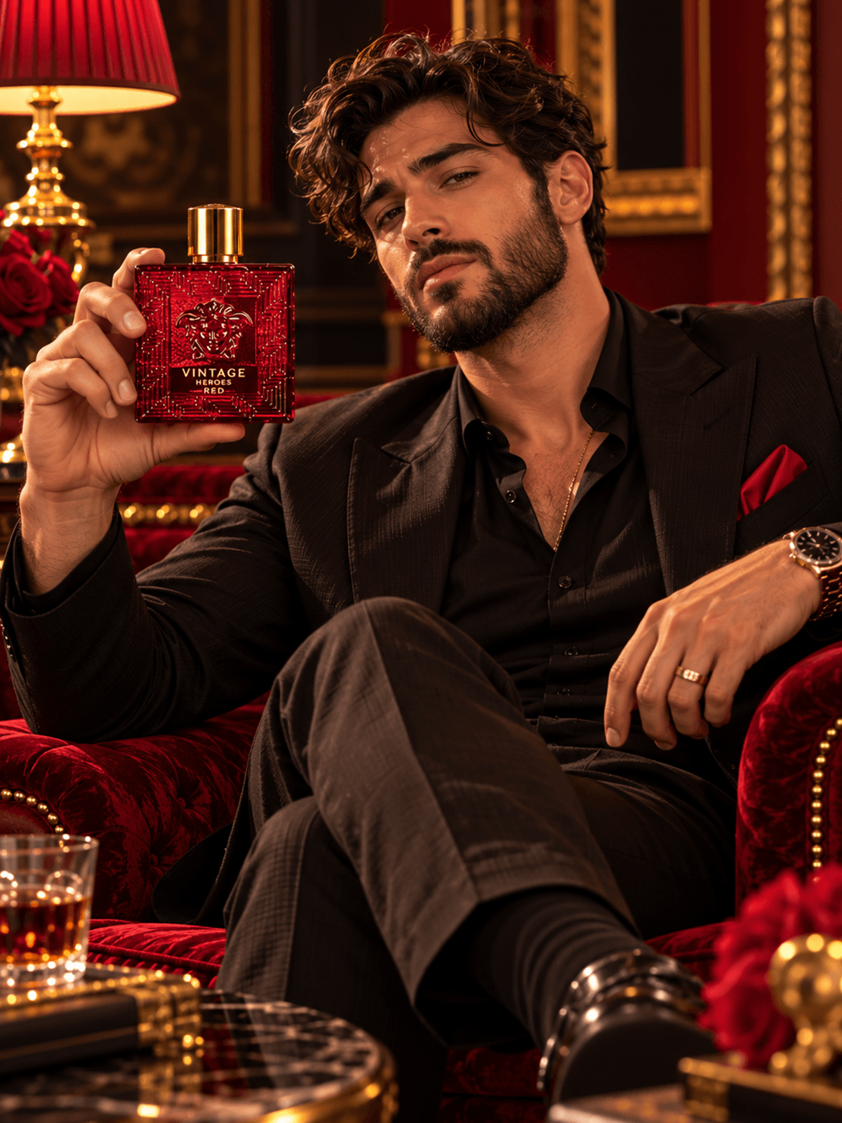 Eau De Parfum Spray, Crimson Red Glass Flacon with Lion Head Relief and Polished Gold Cap