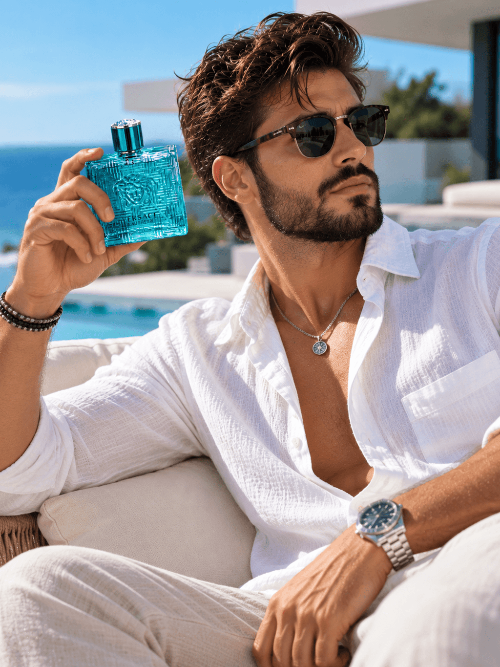 Eau De Parfum, Aqua Turquoise Glass Flacon with Lion Head Relief and Metallic Teal Cap