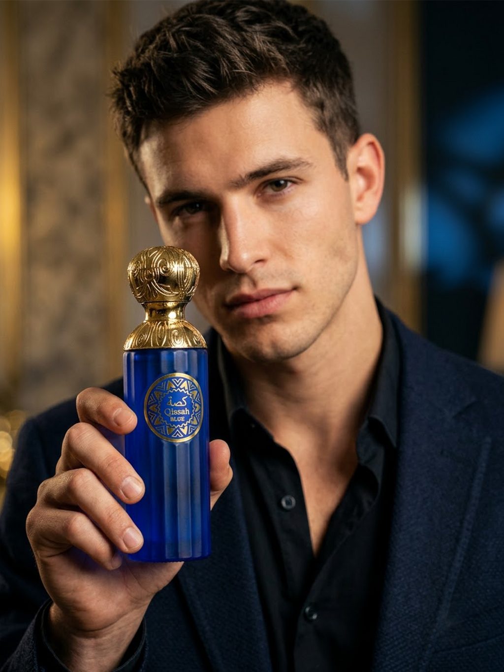 Fluted Cobalt Blue Eau De Parfum Spray, Slender Flacon with Ornate Gold Cap
