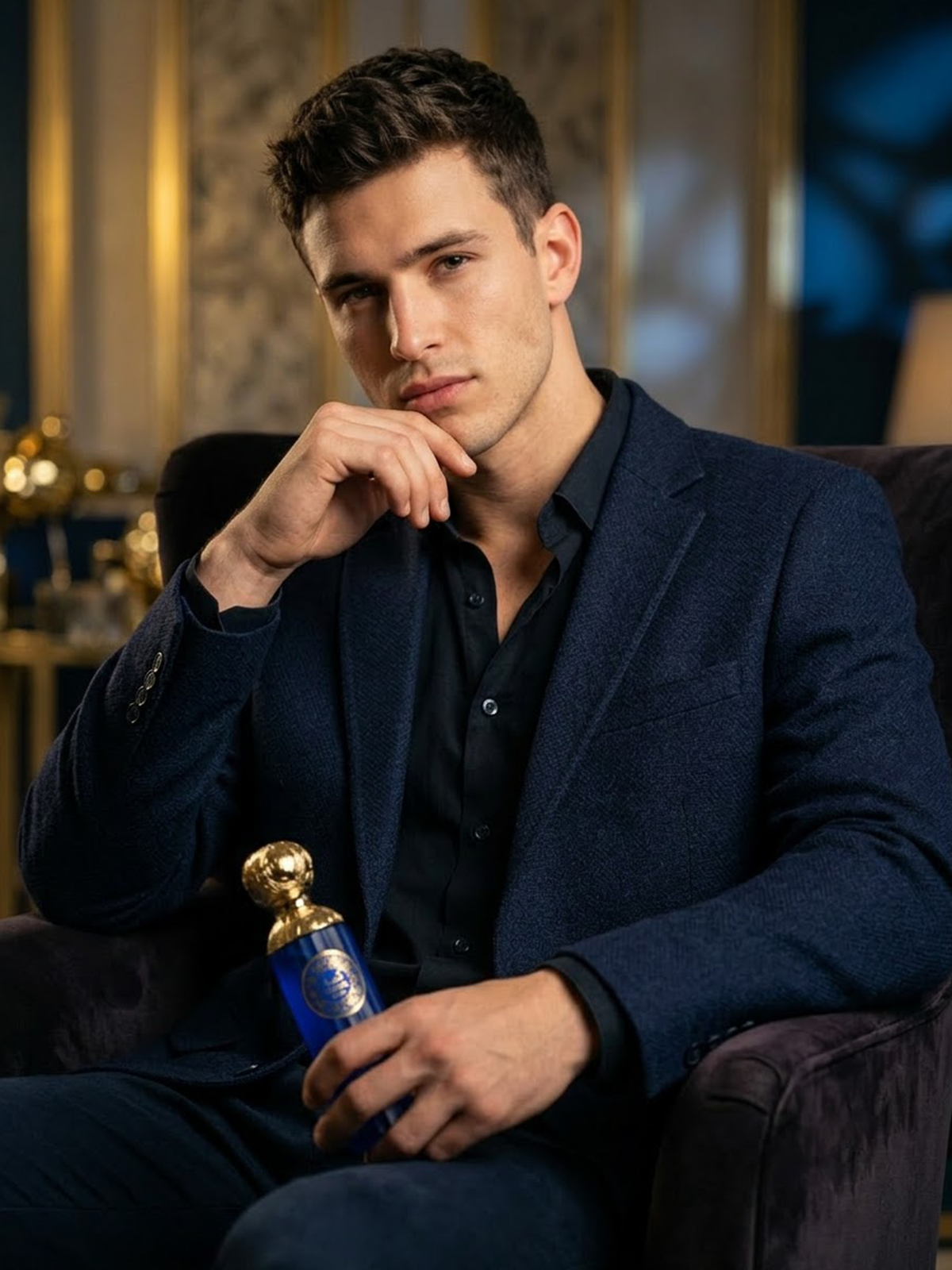 Fluted Cobalt Blue Eau De Parfum Spray, Slender Flacon with Ornate Gold Cap