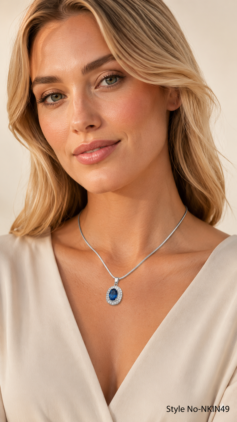 Silver Blue Oval Pendant Necklace | NKIN49
