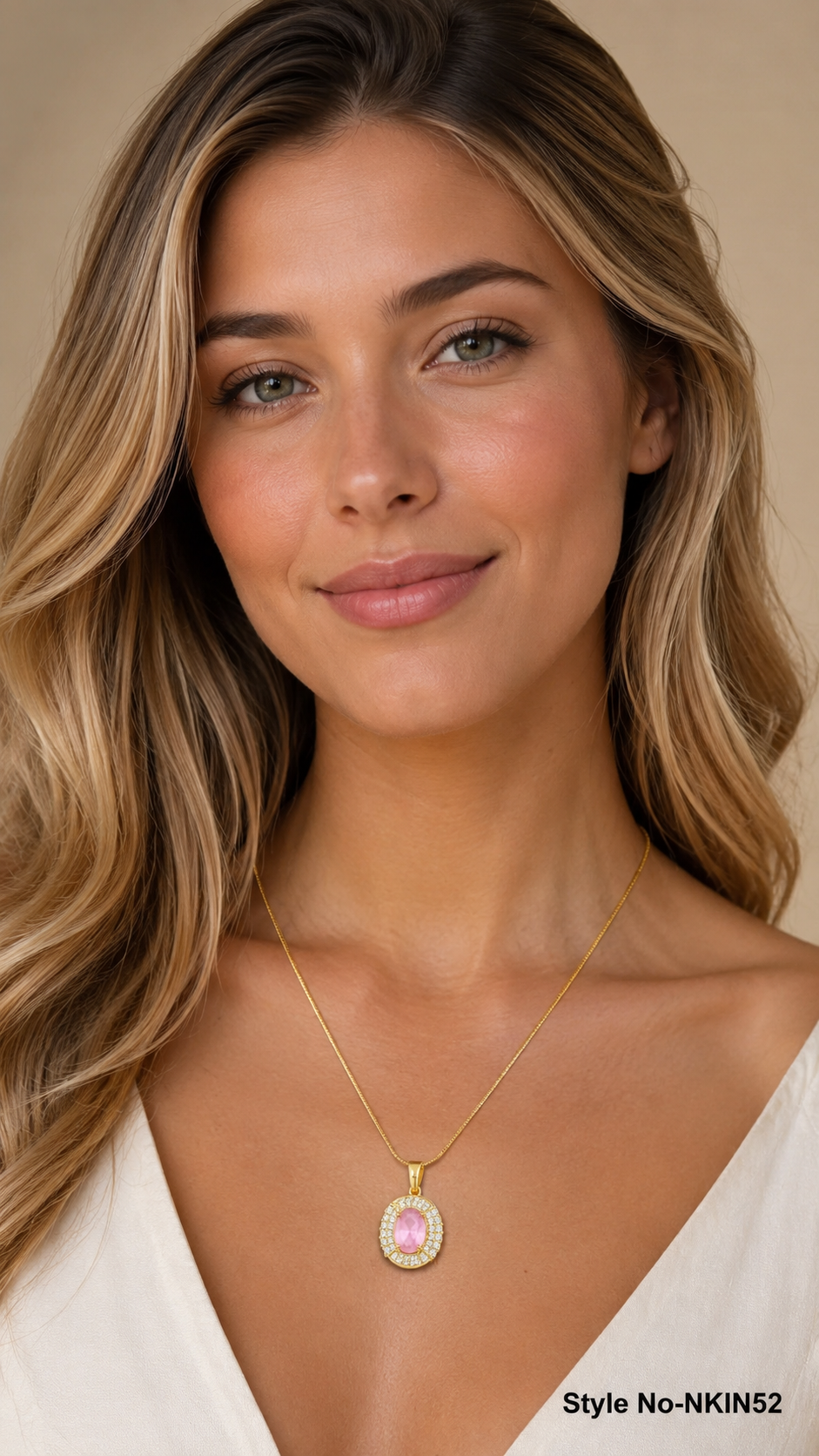 Gold Pink Crystal Pendant Necklace | NKIN52