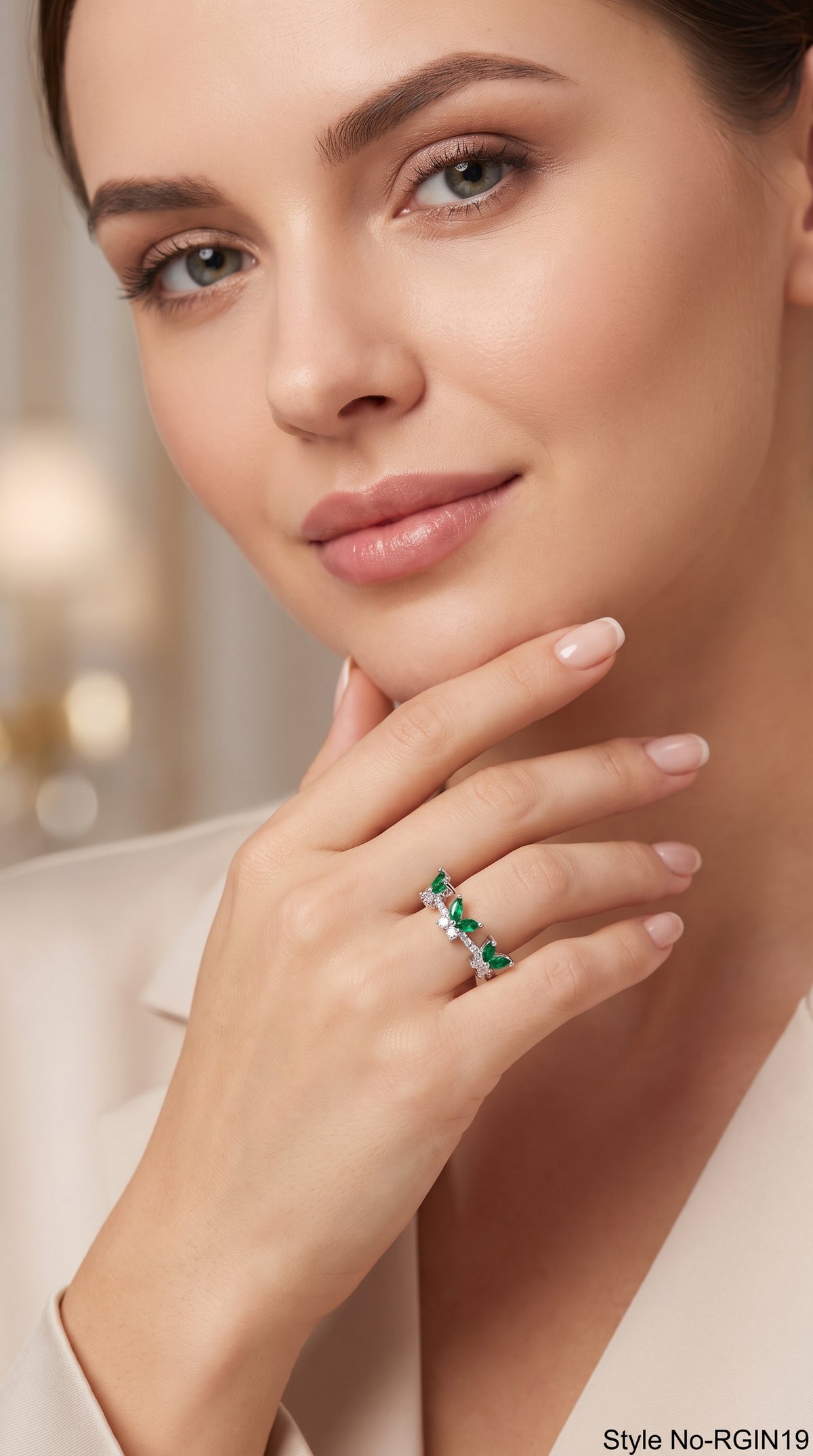 Silver Green Leaf Band Ring | RGIN19