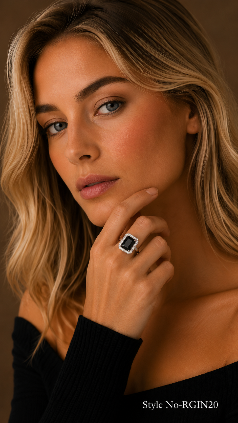 Silver Black Rectangle Halo Ring | RGIN20
