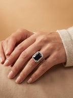 Silver Black Rectangle Halo Ring | RGIN20